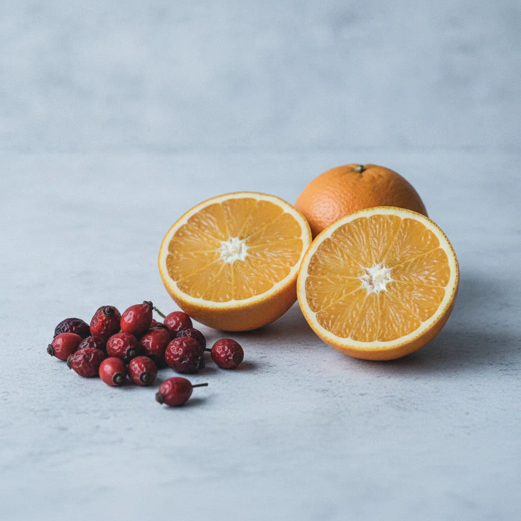 Tuoreet appelsiinit ja ruusunmarjat vaalean kivisellä tasolla, C-vitamiinin lähteet