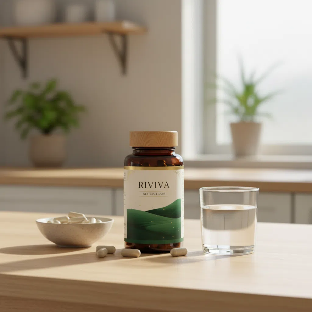 Riviva Nourish Caps -purkki aamiaispöydällä veden ja hedelmien vieressä